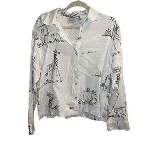 Chico's White Button-Down Shirt with Black Safari Animal Print, dry cleaned